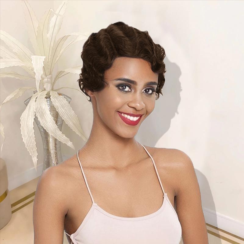 Short Cut Pixie Wigs Human Hair Mommy Wig Ocean Wavy Brown Colored 04
