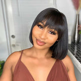 Human Hair Short Bob Wigs With Bangs Natural Black Look