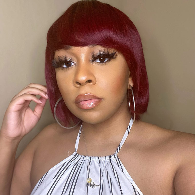 Bob Wigs With Bangs Human Hair Ombre Black 99J Glueless Wig