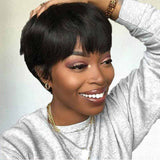 Short Pixie Cut Wigs With Bangs Human Hair Glueless Wig Natural Looking