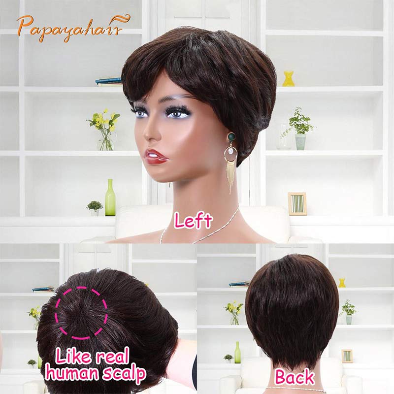 Short Pixie Wigs With Bangs Straight Human Hair Brown Wig For Black Women