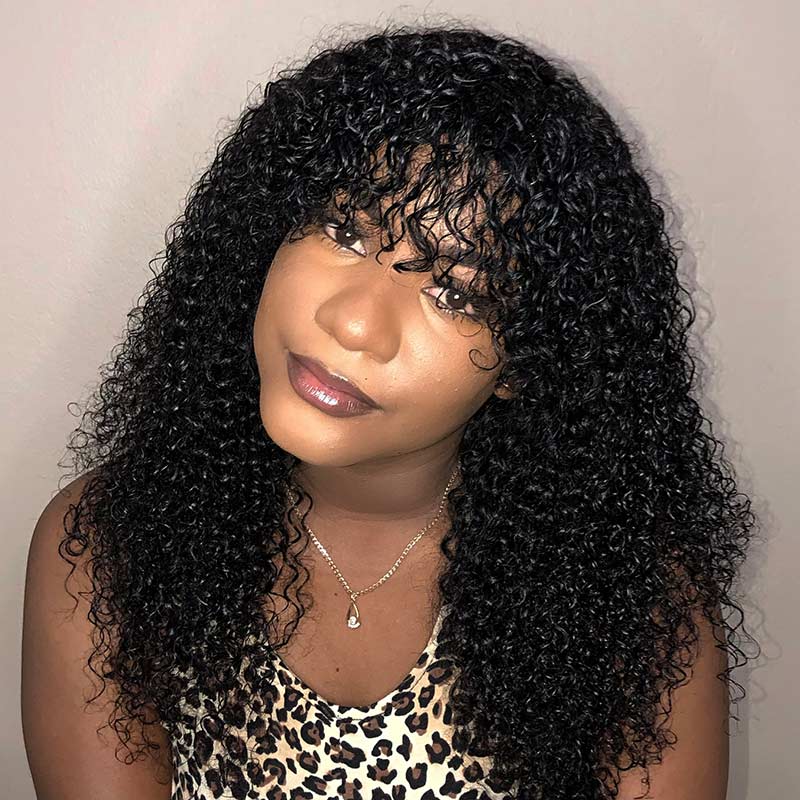 Wig With Bangs Wet and Wavy Human Hair Glueless Wigs Bouncy Curls Black Hair