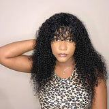 Wig With Bangs Wet and Wavy Human Hair Glueless Wigs Bouncy Curls Black Hair