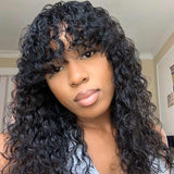 Wig With Bangs Wet and Wavy Human Hair Glueless Wigs Bouncy Curls Black Hair