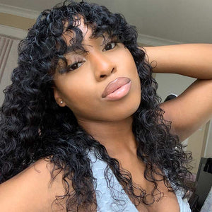 Wig With Bangs Wet and Wavy Human Hair Glueless Wigs Bouncy Curls Black Hair