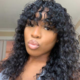 Wig With Bangs Wet and Wavy Human Hair Glueless Wigs Bouncy Curls Black Hair