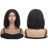 Short Bob Wigs T Part Curly Human Hair Shoulder Length Black Wig