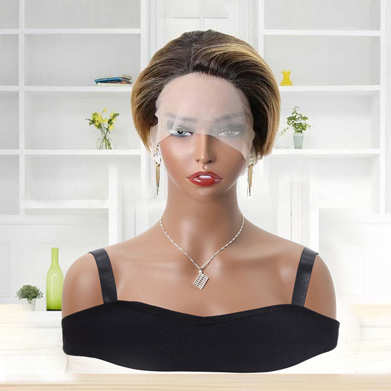 Human Hair Glueless Pixie Lace Front Wigs Straight T-part Dark To Strawberry Blonde 27