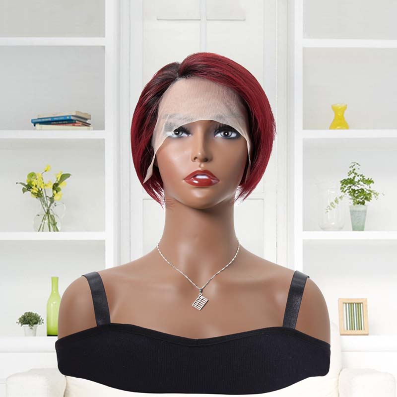 Bob Cut Wigs Red Burgundy Straight Human Hair T Part Side Part Lace Wig