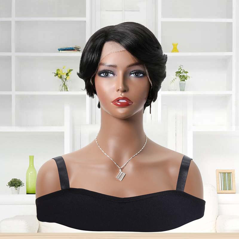 Human Hair Pixie Cut Wig Lace Front Side Part Glueless Mommy Wig with Curls