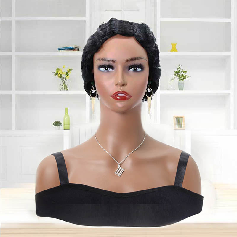 Human Hair Pixie Wigs Finger Wave Short Cut Wigs Jet Black 01