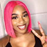 T Part Lace Wig Pink Stragiht Human Hair Bob Wigs