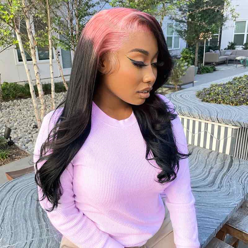 13x4 HD Lace Frontal Wig Straight Ombre Pink And Black Color Human Hair