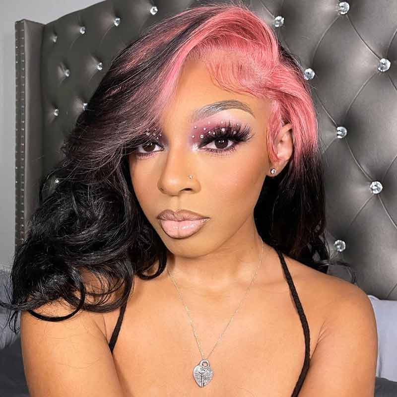 13x4 Lace Front Wigs Pink Roots on Black Hair Wig Human Hair150 Densi www.papayahair