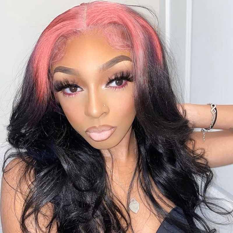 13x4 Lace Front Wigs Pink Roots on Black Hair Wig Human Hair150% Density