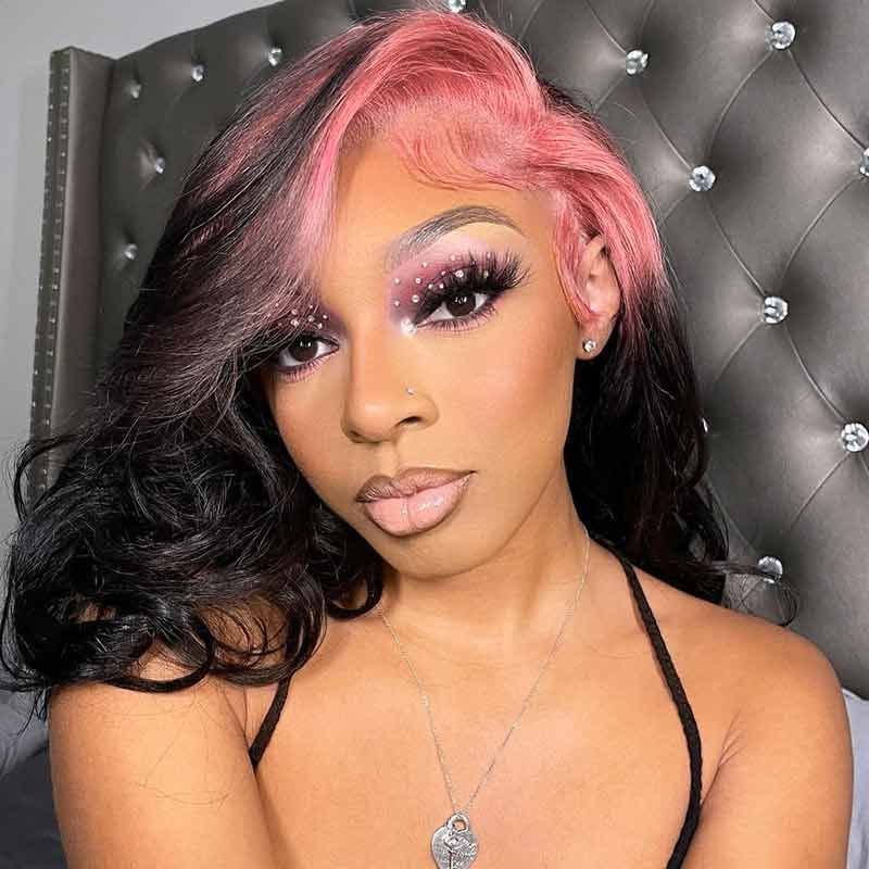 13x4 Lace Front Wigs Pink Roots on Black Hair Wig Human Hair150% Density