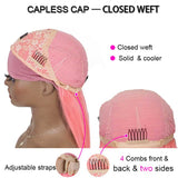 Pink Human Hair Wig With Headband Attache Straight Machine Made Wig