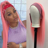 Pink Human Hair Wig With Headband Attache Straight Machine Made Wig