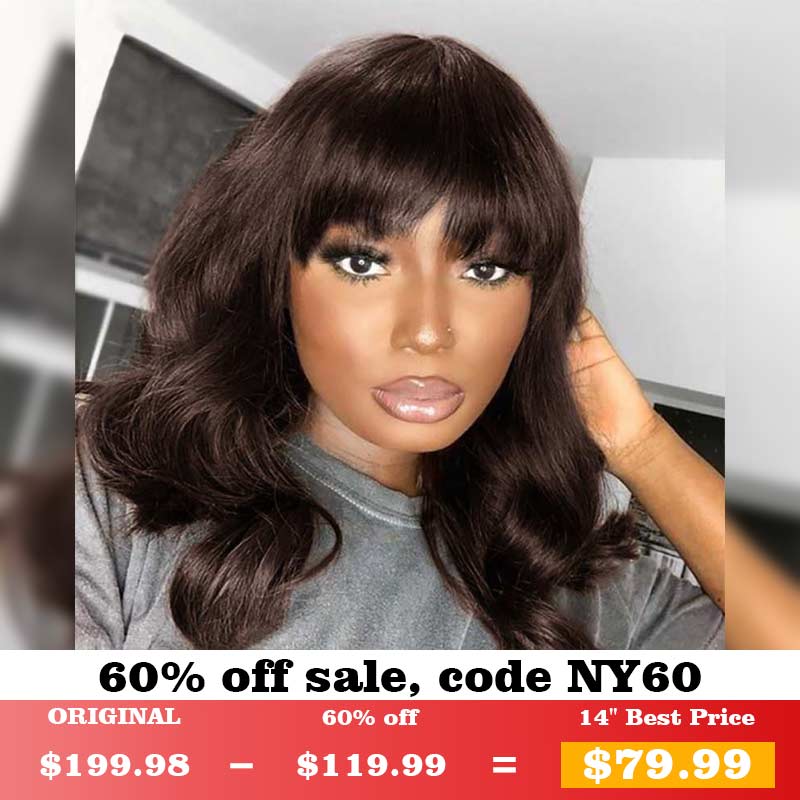 New Year 60% OFF Bob Wig With Bangs Dark Brown Human Hair