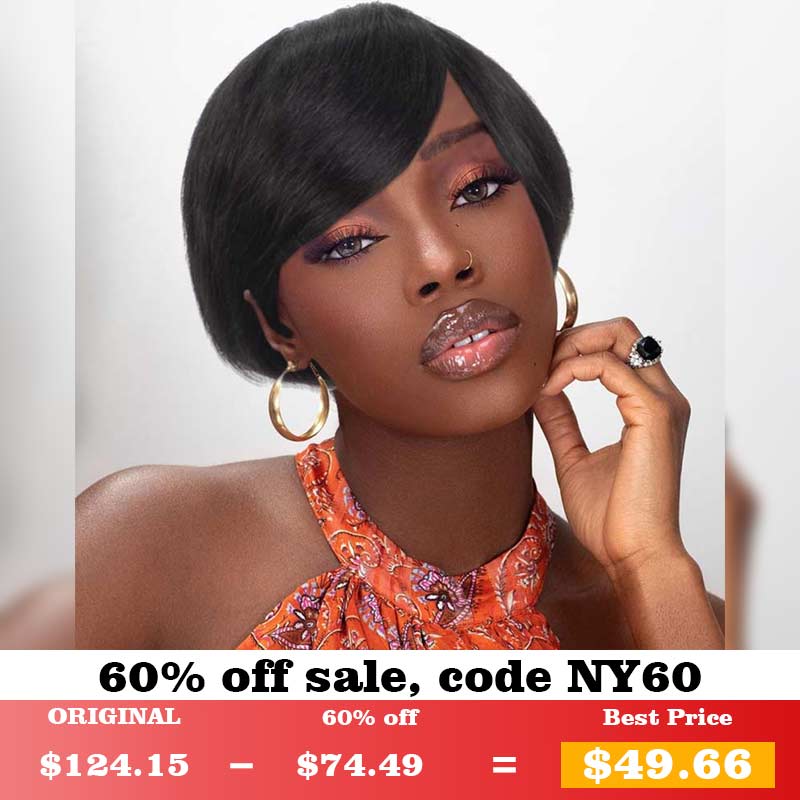 New Year 60% OFF Human Hair Short Pixie Wigs with Side Bangs