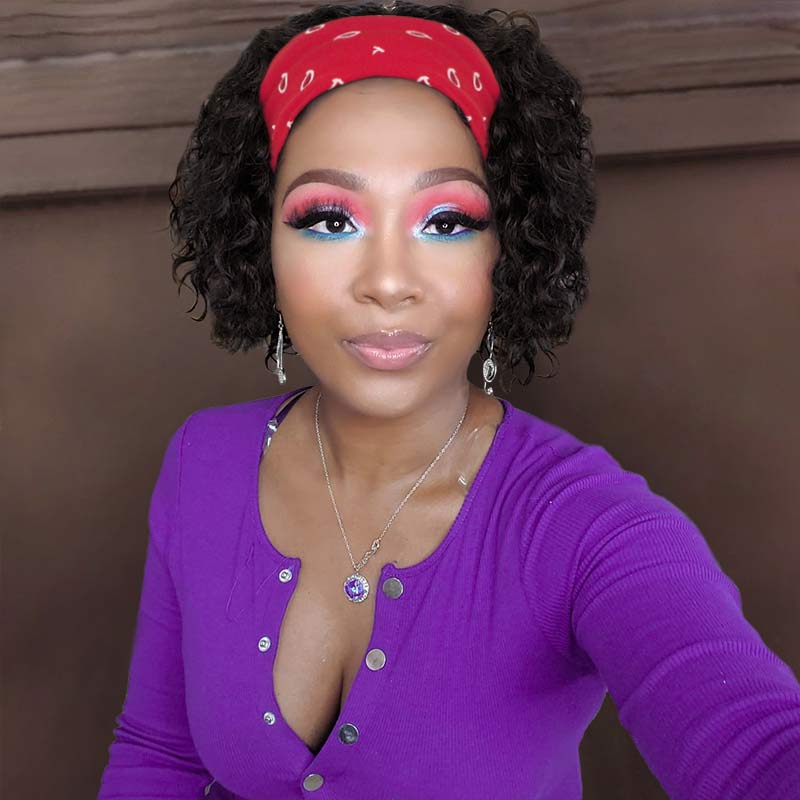 Bob Wavy Headband Wigs Human Hair None Lace Front Wig Brown 2#