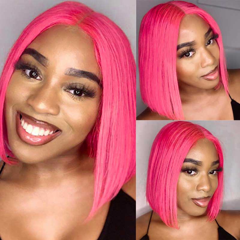 T Part Lace Wig Pink Stragiht Human Hair Bob Wigs