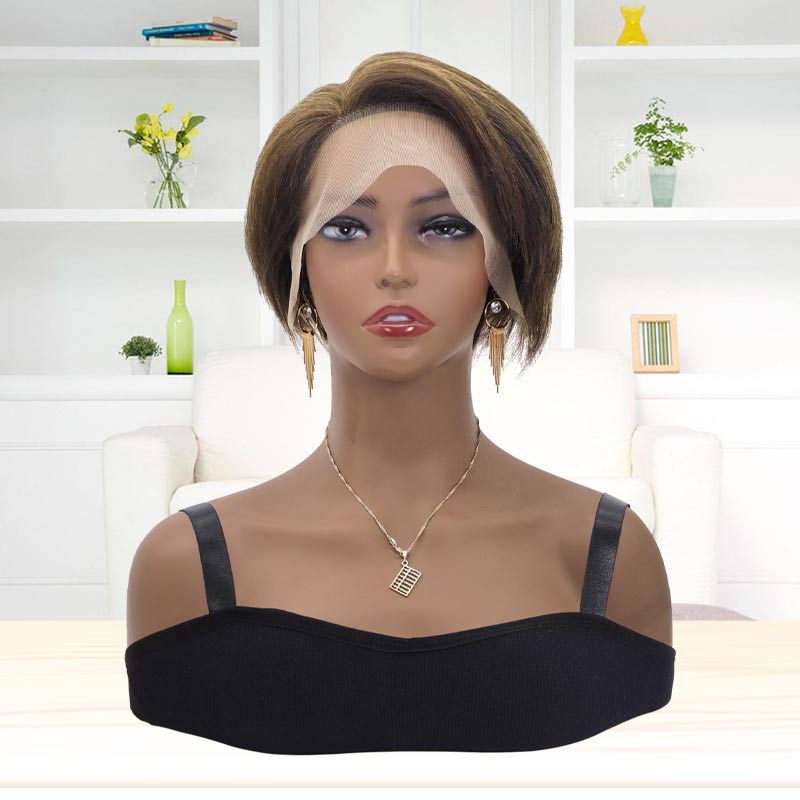 Pixie Cut Wigs Human Hair Lace Front T Part Wig Straight 4/27 Human Hair