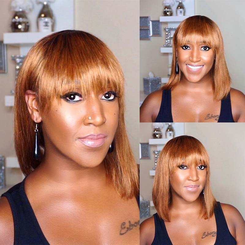 Short Bob Honey Brown Wig With Bangs Human Hair Ombre Color