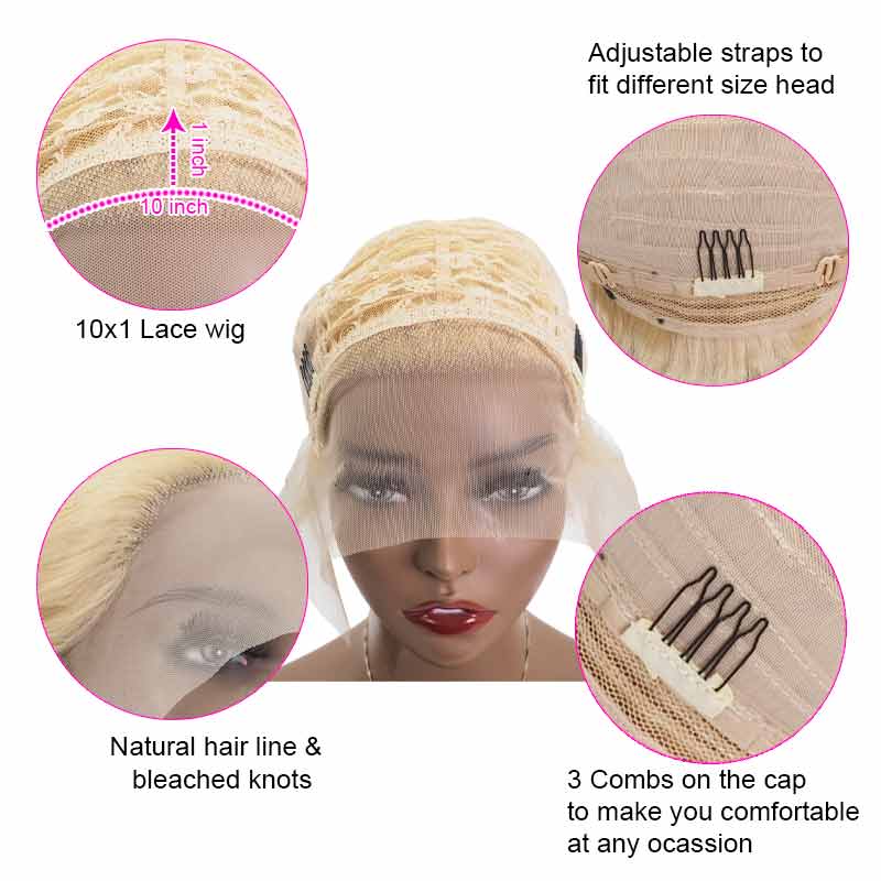 Pixie Wigs Bob Cut Human Hair Blonde 613 Lace Front Wig Pre Plucked With Baby Hair