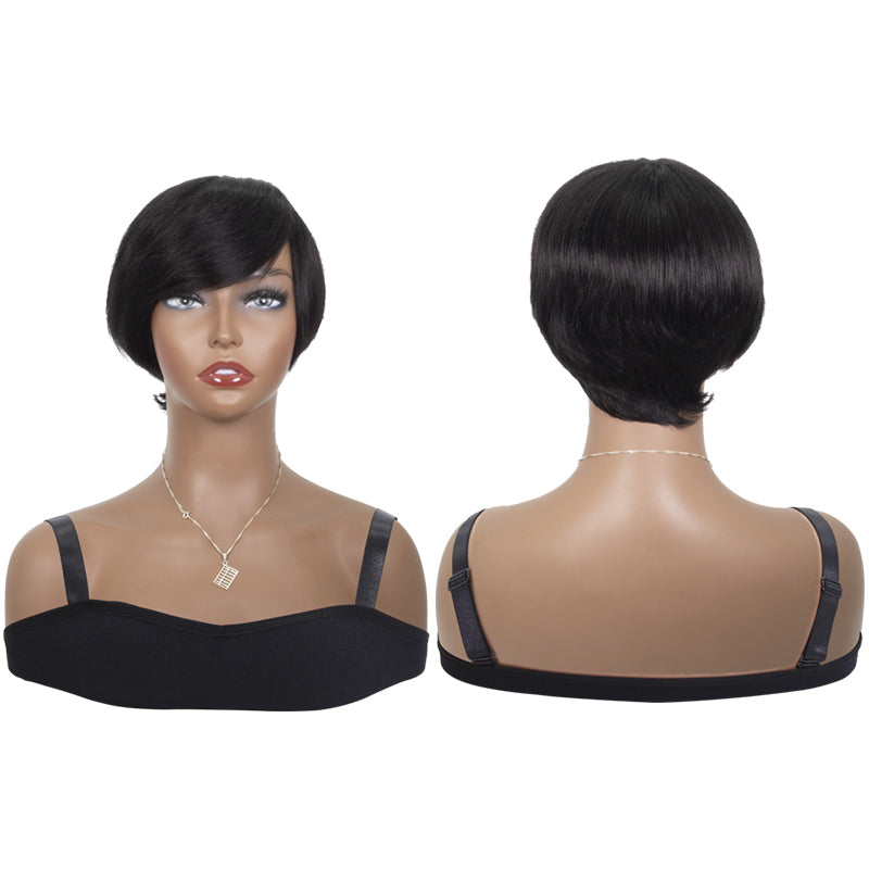 Pixie Wigs with Bangs None Lace Front Wig Human Hair Wig with Side Bangs