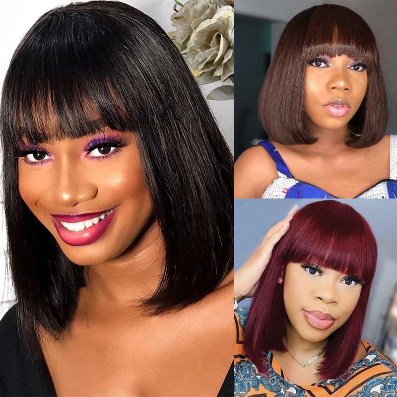 Wig with Bangs Human Hair Straight Glueless Short Bob with Bangs for Black Women