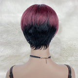 Short Cut Pixie Wigs with Layered Bangs 1B/99J Huma Hair For Black Women
