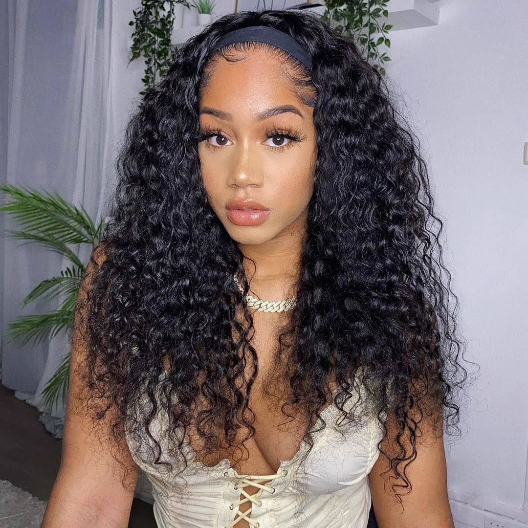 Headband Wigs Human Hair Deep Wave No Lace Front Wigs for Black Women  Unprocessed Virgin Hair Wet Curly Wigs Machine Made Glueless Headband Wig  Easy