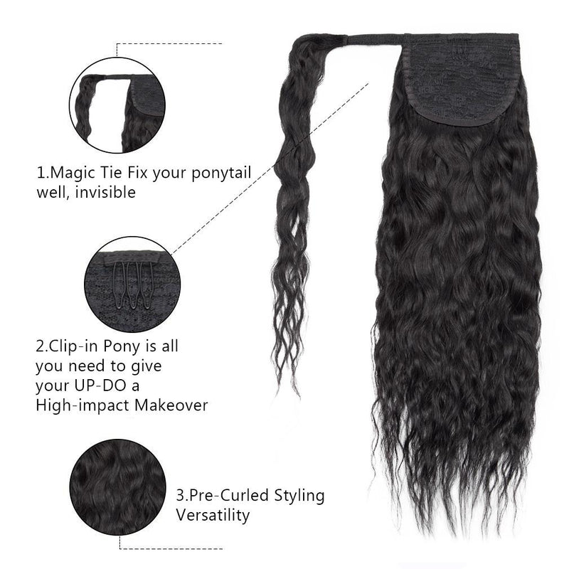 Ponytail Hairpieces Human Hair Wavy Clip In Ponytail Extensions Black 1B